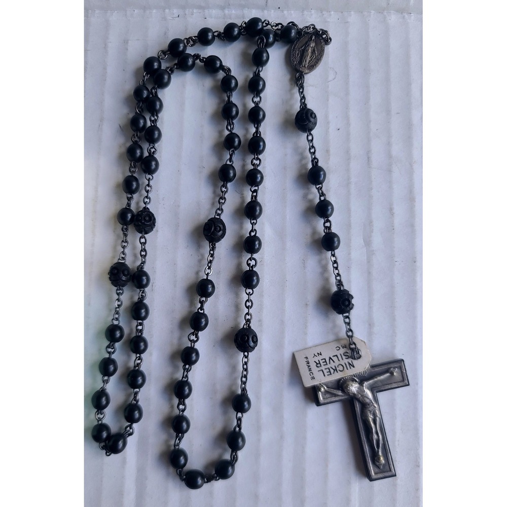 Antique Rosary Carved Ebony Cocoa Wood Beads Nickel Silver‎ Crucifix France